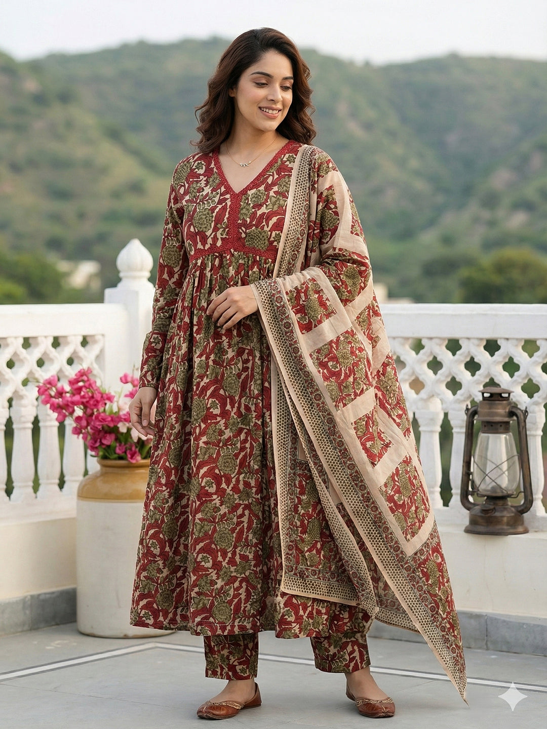 Jaitpuriya Red And Cream Pure Cotton Anarkali Pleated Kurta Set