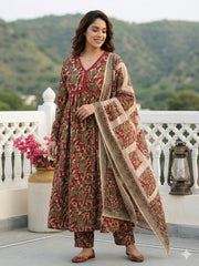 Jaitpuriya Red And Cream Pure Cotton Anarkali Pleated Kurta Set