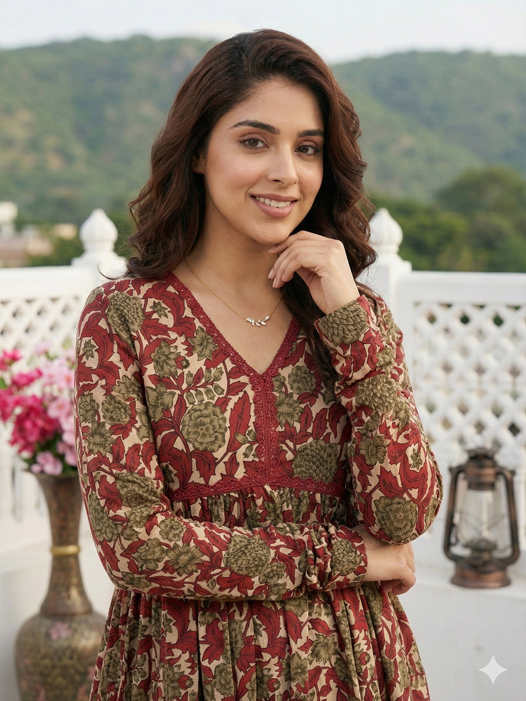Jaitpuriya Red And Cream Pure Cotton Anarkali Pleated Kurta Set