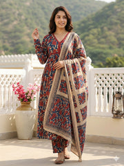 Jaitpuriya Blue And Cream Pure Cotton Anarkali Pleated Kurta Set