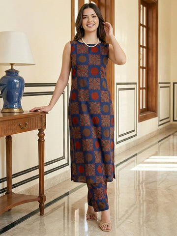 Jaitpuriya BLUE Pure Cotton Straight Regular Kurta Set