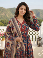 Jaitpuriya Blue And Cream Pure Cotton Anarkali Pleated Kurta Set
