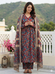 Jaitpuriya Blue And Cream Pure Cotton Anarkali Pleated Kurta Set