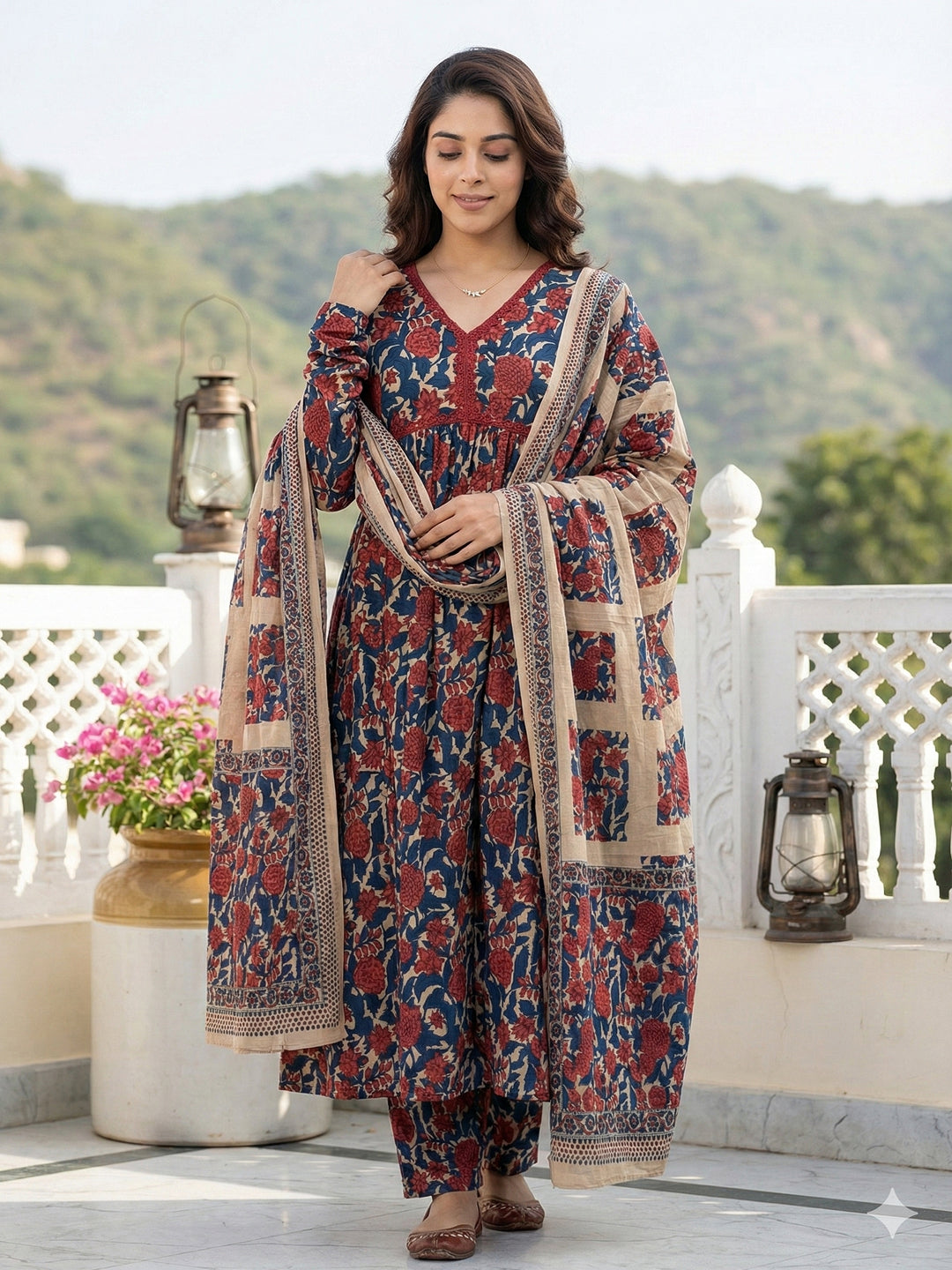 Jaitpuriya Blue And Cream Pure Cotton Anarkali Pleated Kurta Set