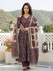 Jaitpuriya Blue And Cream Pure Cotton Anarkali Pleated Kurta Set