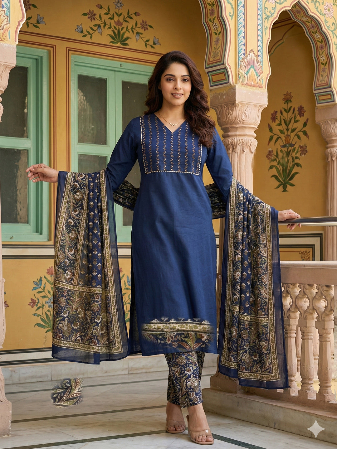 Jaitpuriya Blue Pure Cotton Straight Regular Kurta Set