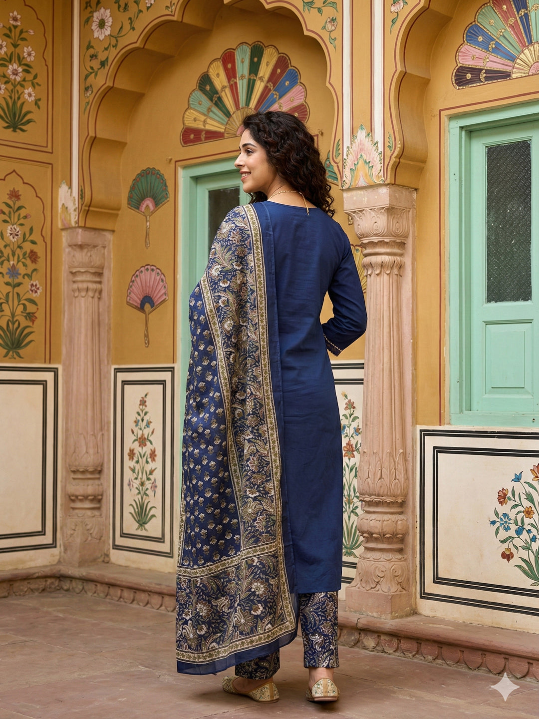Jaitpuriya Blue Pure Cotton Straight Regular Kurta Set