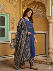 Jaitpuriya Blue Pure Cotton Straight Regular Kurta Set