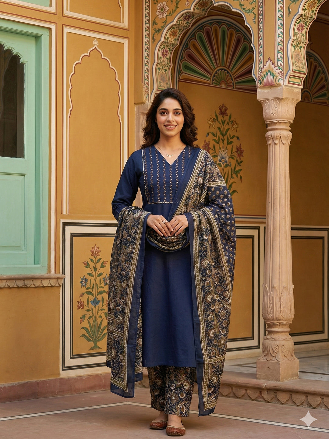 Jaitpuriya Blue Pure Cotton Straight Regular Kurta Set