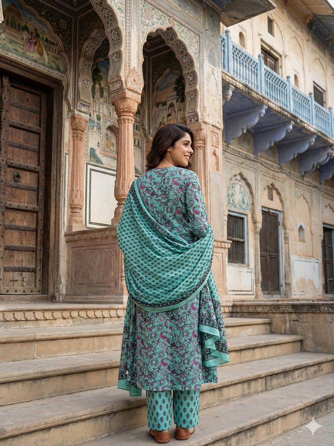 Jaitpuriya Teal Green Pure Cotton A-line Regular Kurta Set