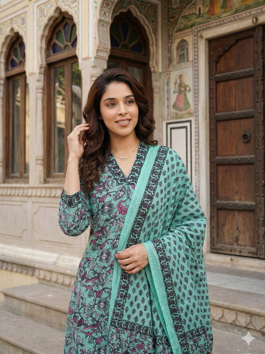 Jaitpuriya Teal Green Pure Cotton A-line Regular Kurta Set