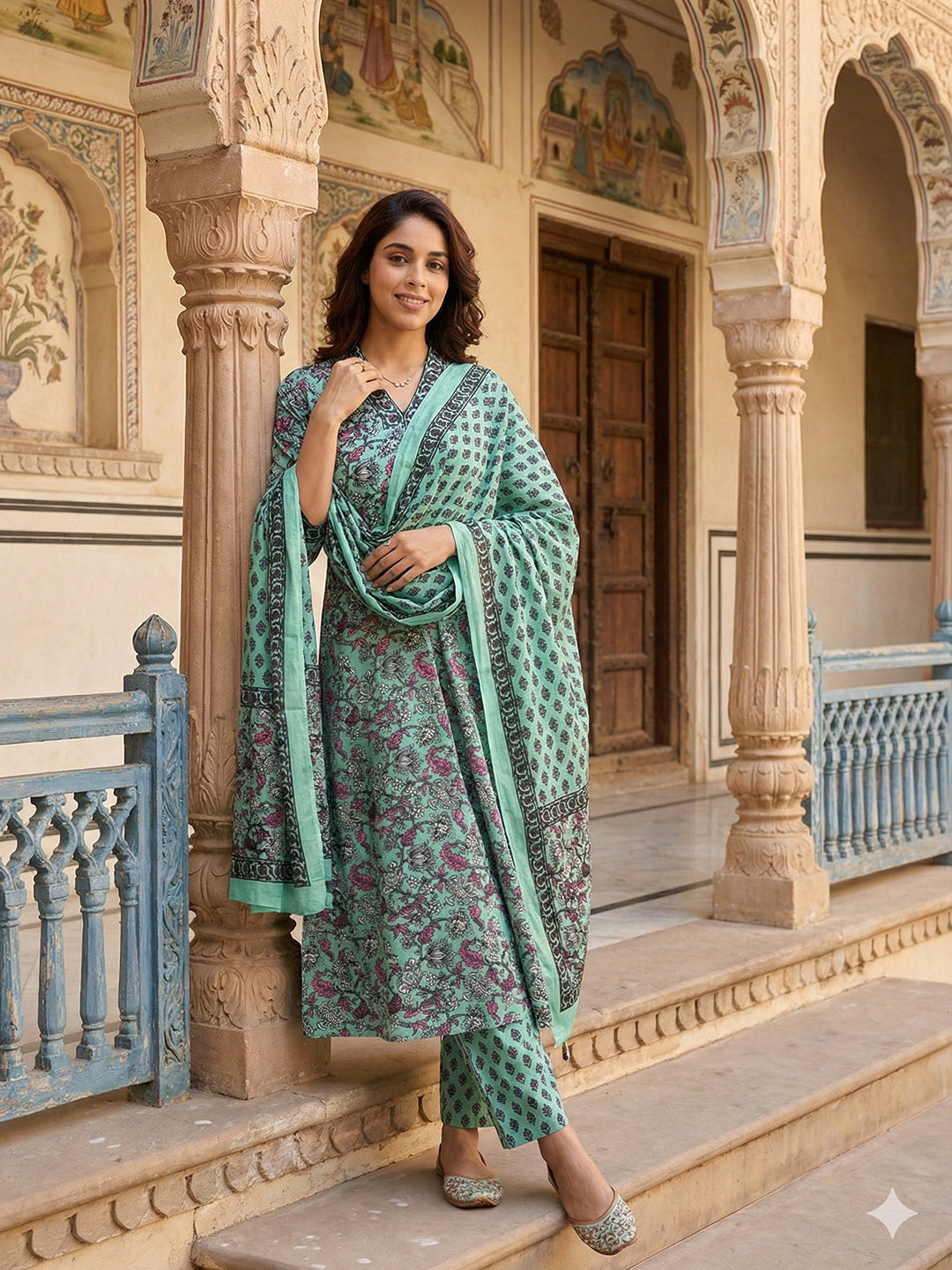 Jaitpuriya Teal Green Pure Cotton A-line Regular Kurta Set
