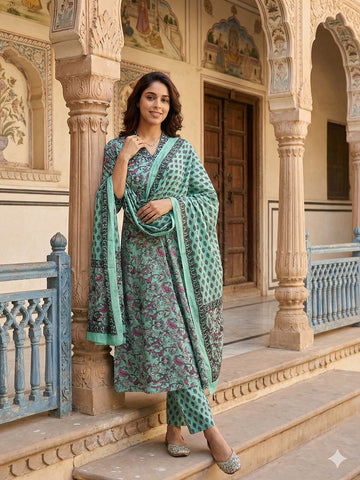 Jaitpuriya Teal Green Pure Cotton A-line Regular Kurta Set