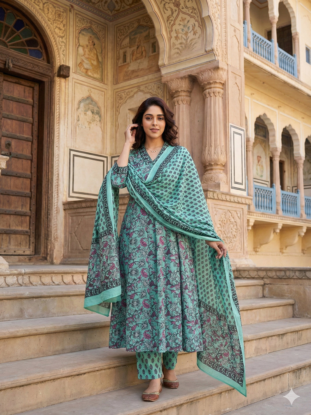 Jaitpuriya Teal Green Pure Cotton A-line Regular Kurta Set