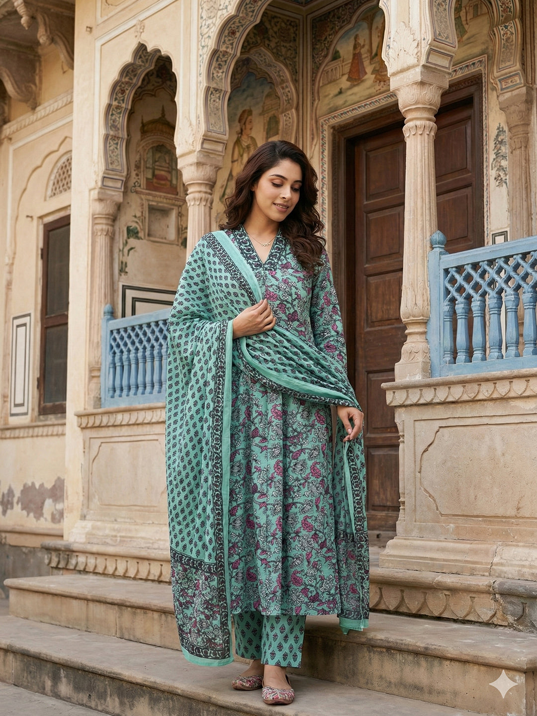 Jaitpuriya Teal Green Pure Cotton A-line Regular Kurta Set