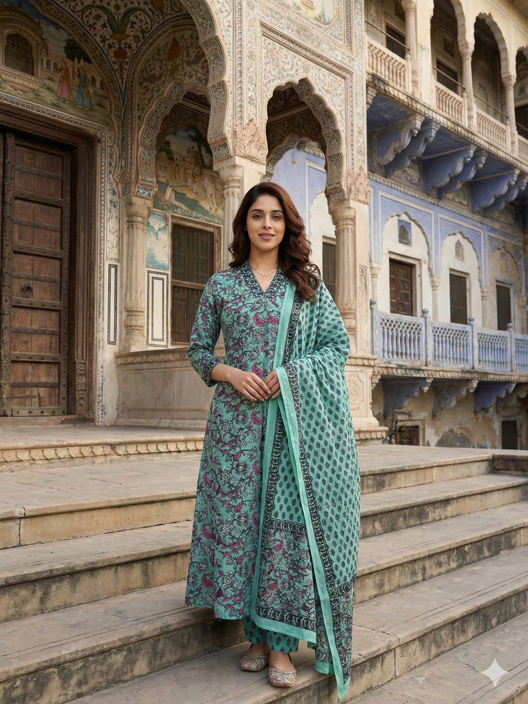 Jaitpuriya Teal Green Pure Cotton A-line Regular Kurta Set