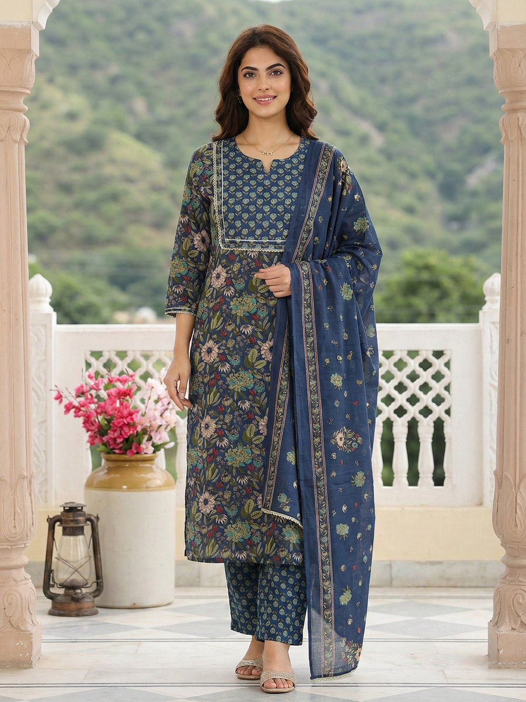 Jaitpuriya Blue And Green Pure Cotton Straight Regular Kurta Set