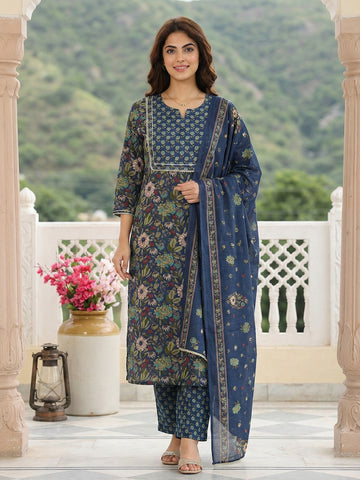 Jaitpuriya Blue And Green Pure Cotton Straight Regular Kurta Set