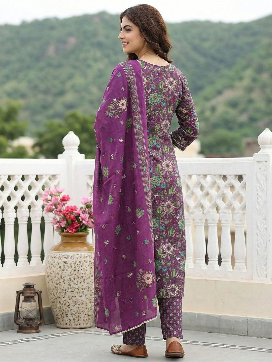 Jaitpuriya Purple And Green Pure Cotton Straight Regular Kurta Set