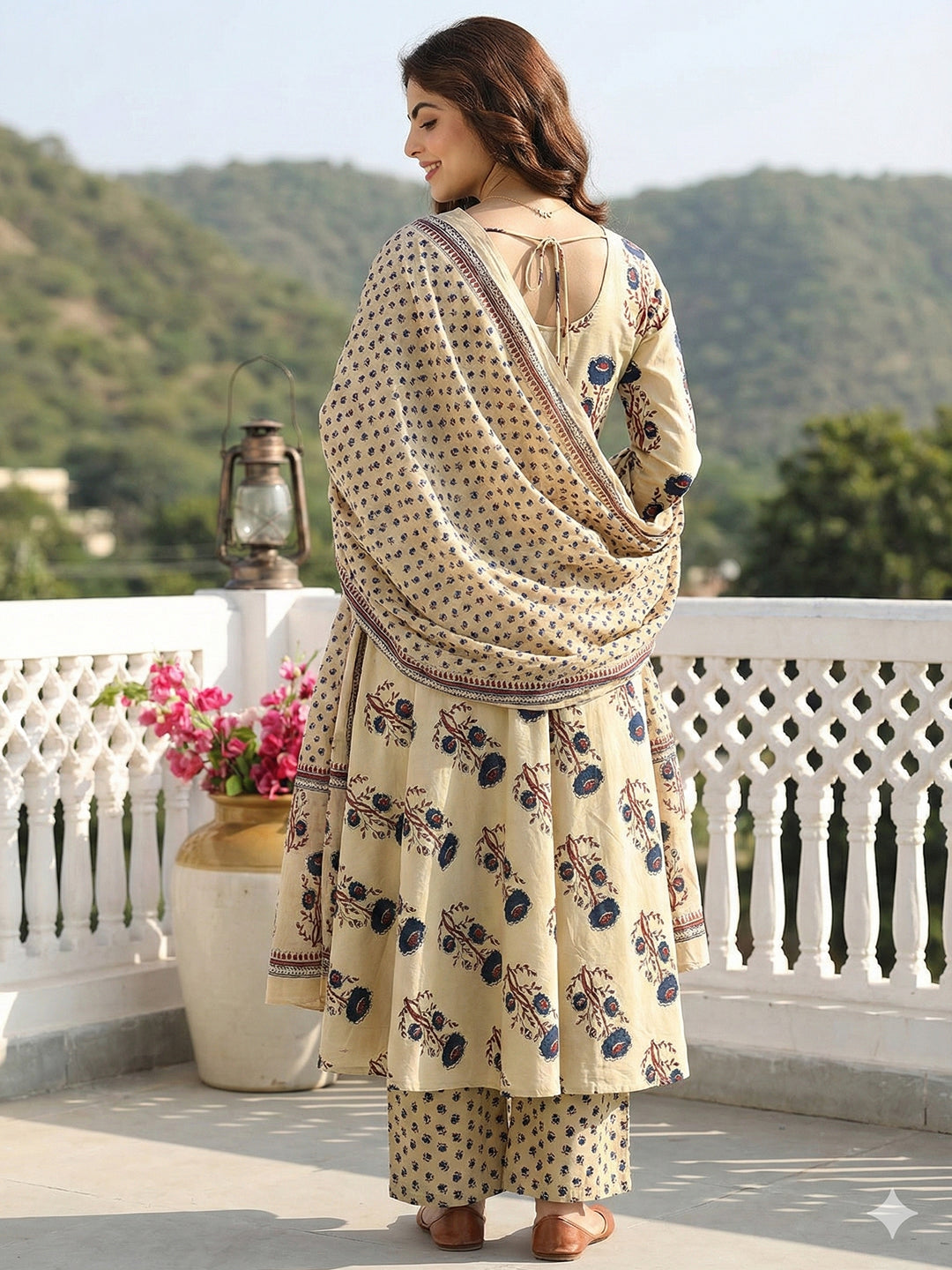 Jaitpuriya Blue And Beige Pure Cotton Anarkali Regular Kurta Set