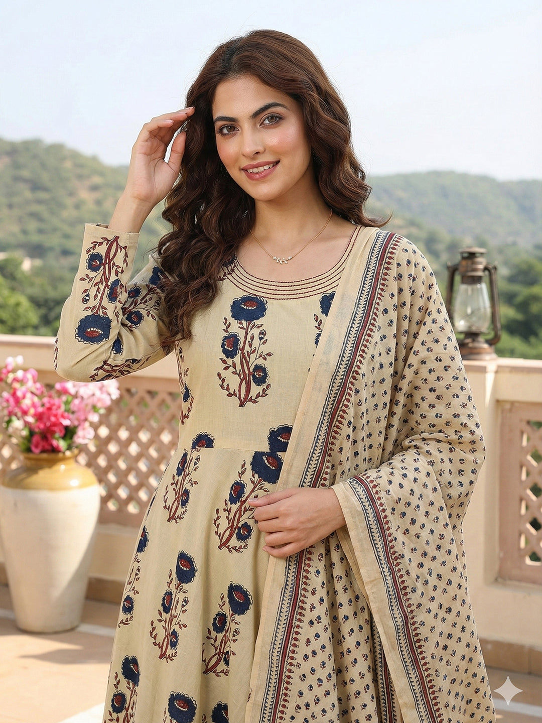 Jaitpuriya Blue And Beige Pure Cotton Anarkali Regular Kurta Set