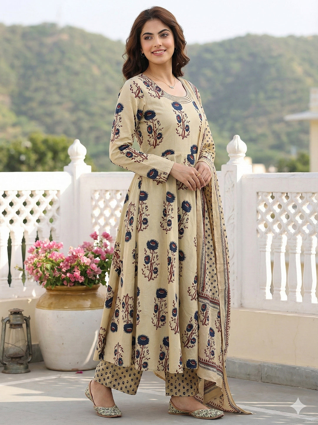 Jaitpuriya Blue And Beige Pure Cotton Anarkali Regular Kurta Set