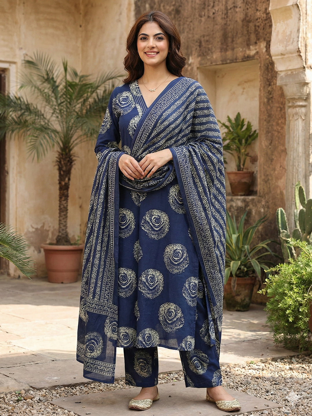 Jaitpuriya Blue Pure Cotton A-line Regular Kurta Set