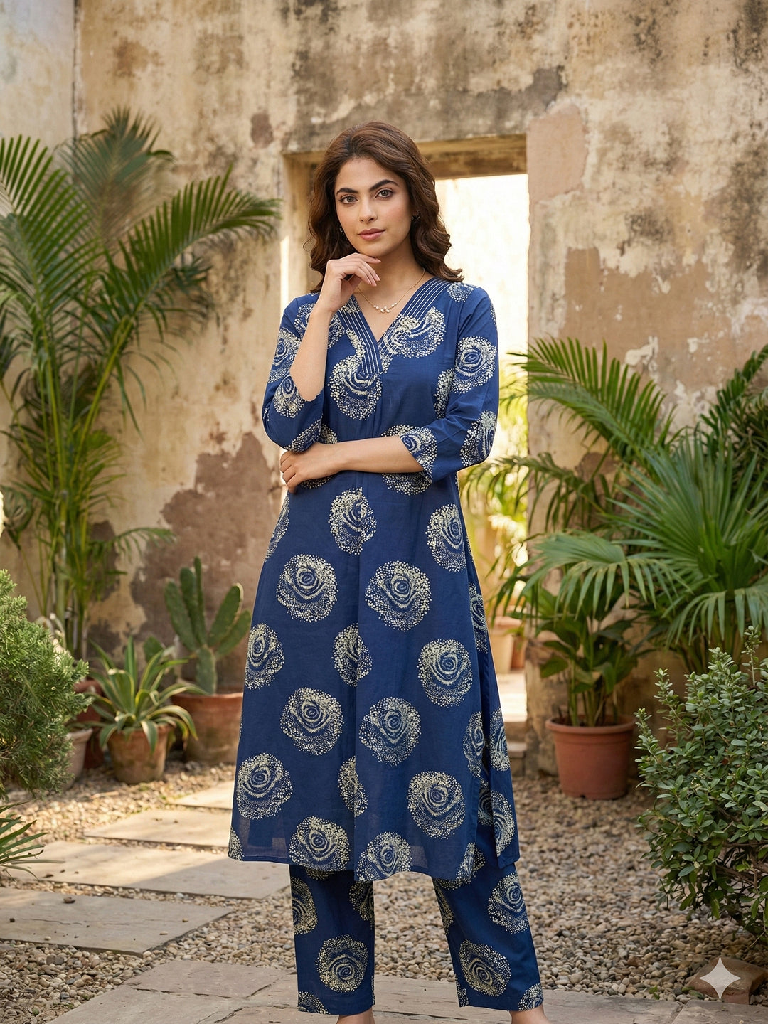 Jaitpuriya Blue Pure Cotton A-line Regular Kurta Set