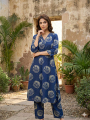 Jaitpuriya Blue Pure Cotton A-line Regular Kurta Set