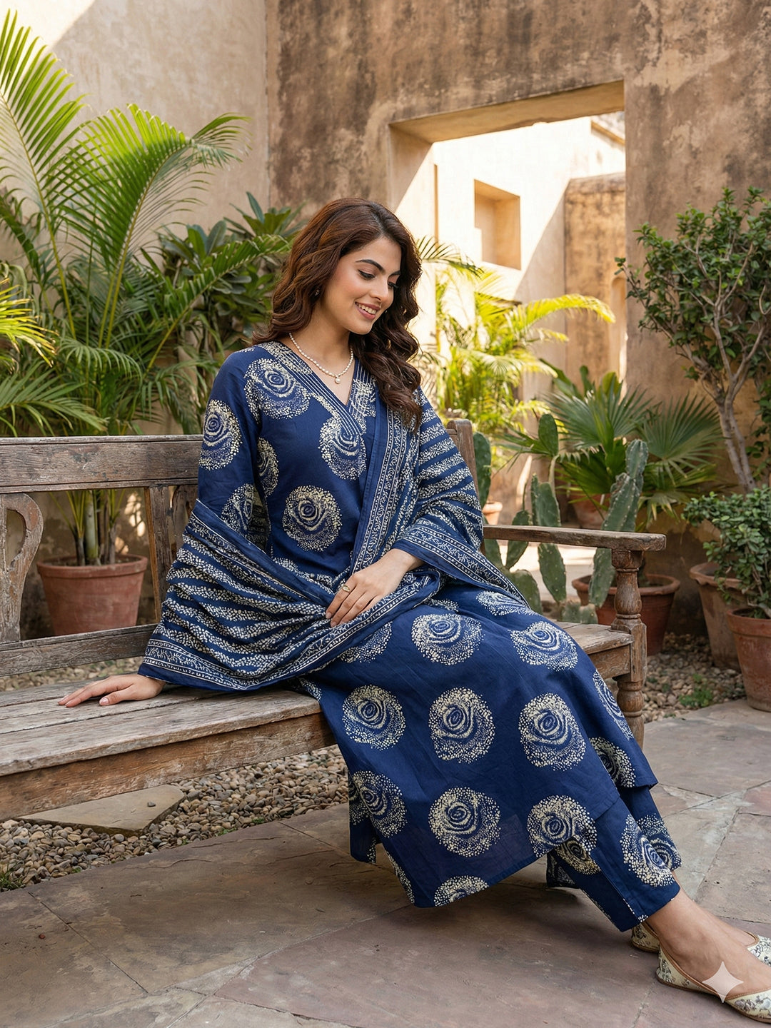 Jaitpuriya Blue Pure Cotton A-line Regular Kurta Set
