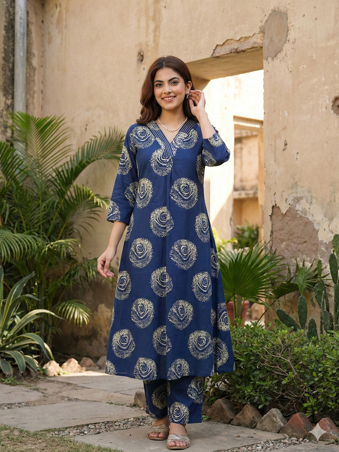Jaitpuriya Blue Pure Cotton A-line Regular Kurta Set