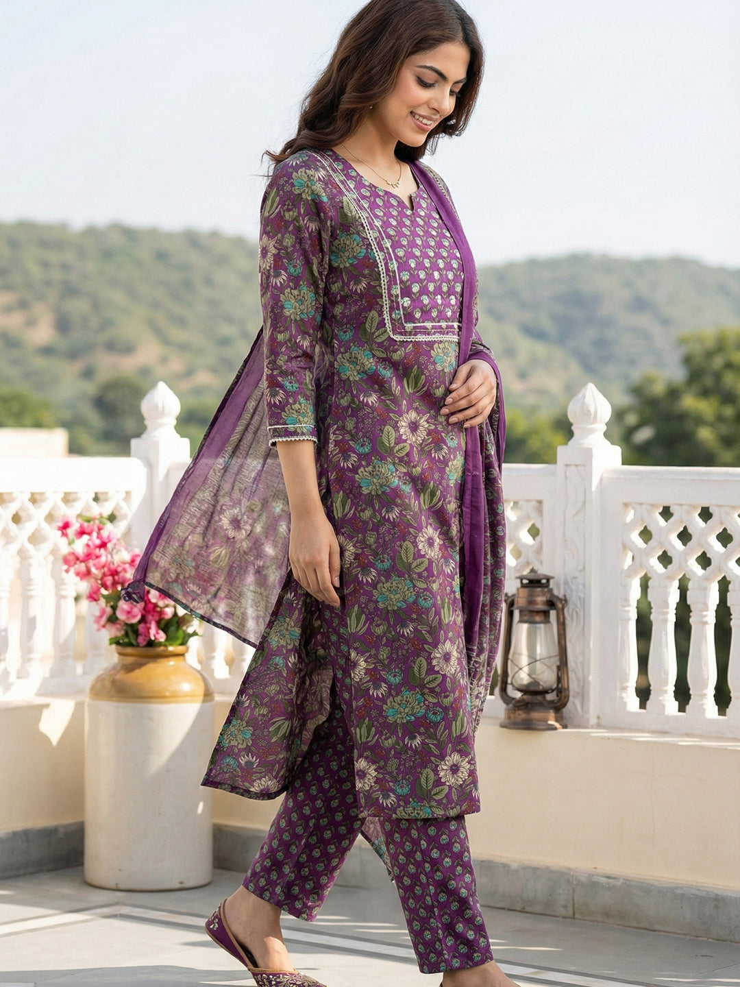 Jaitpuriya Purple And Green Pure Cotton Straight Regular Kurta Set