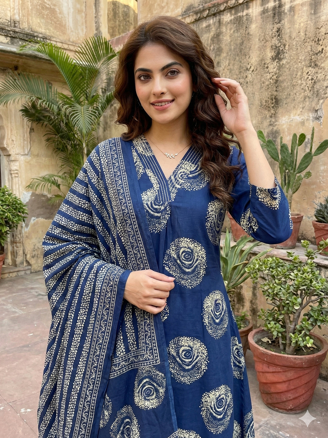 Jaitpuriya Blue Pure Cotton A-line Regular Kurta Set