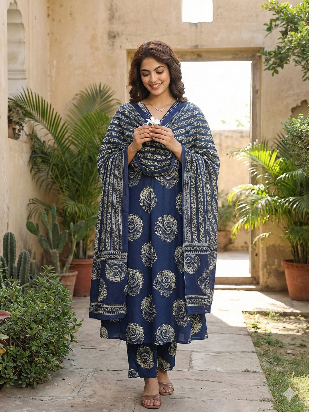 Jaitpuriya Blue Pure Cotton A-line Regular Kurta Set