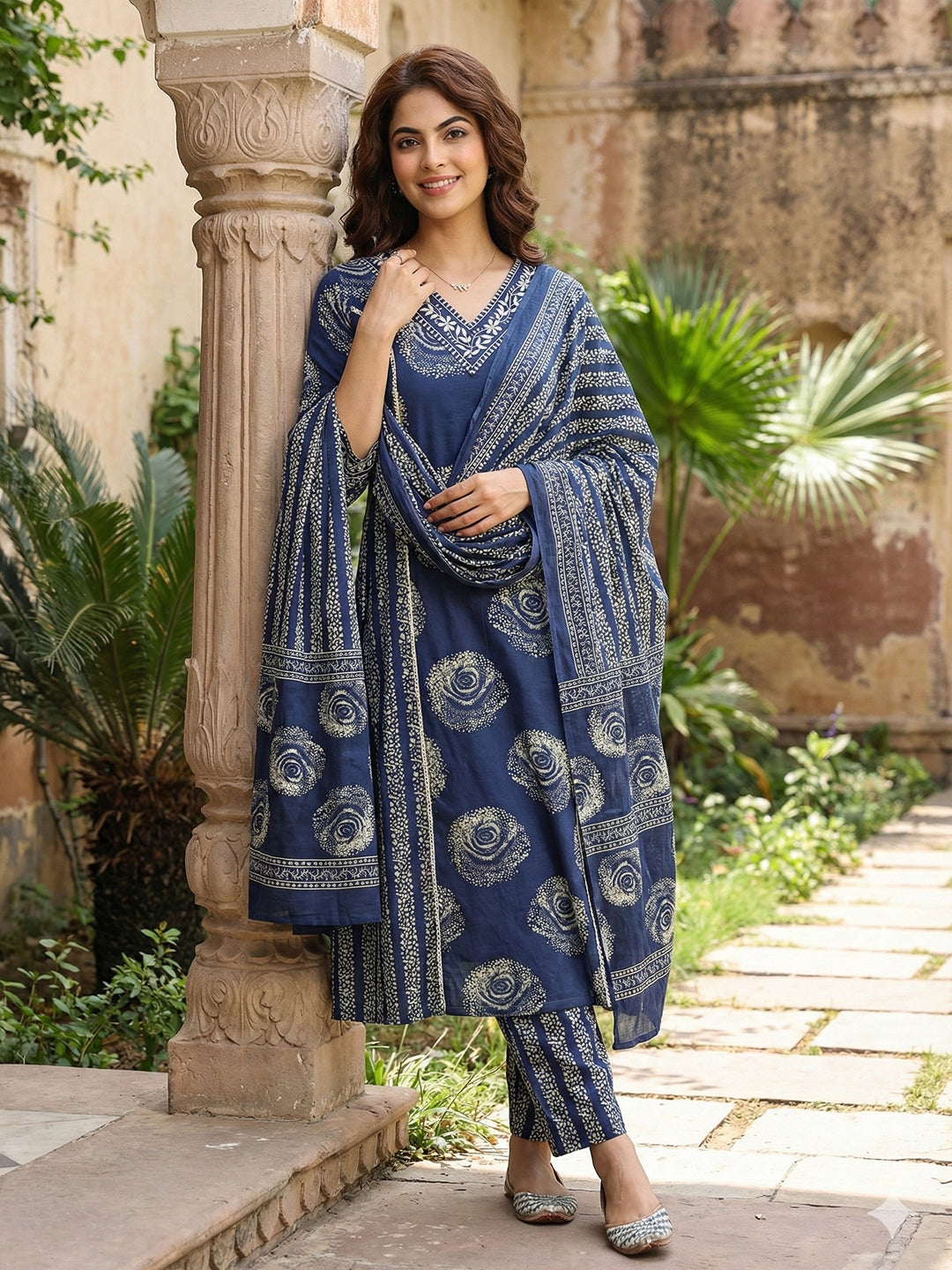 Jaitpuriya Blue Pure Cotton A-line PRIENCESS cUT Kurta Set