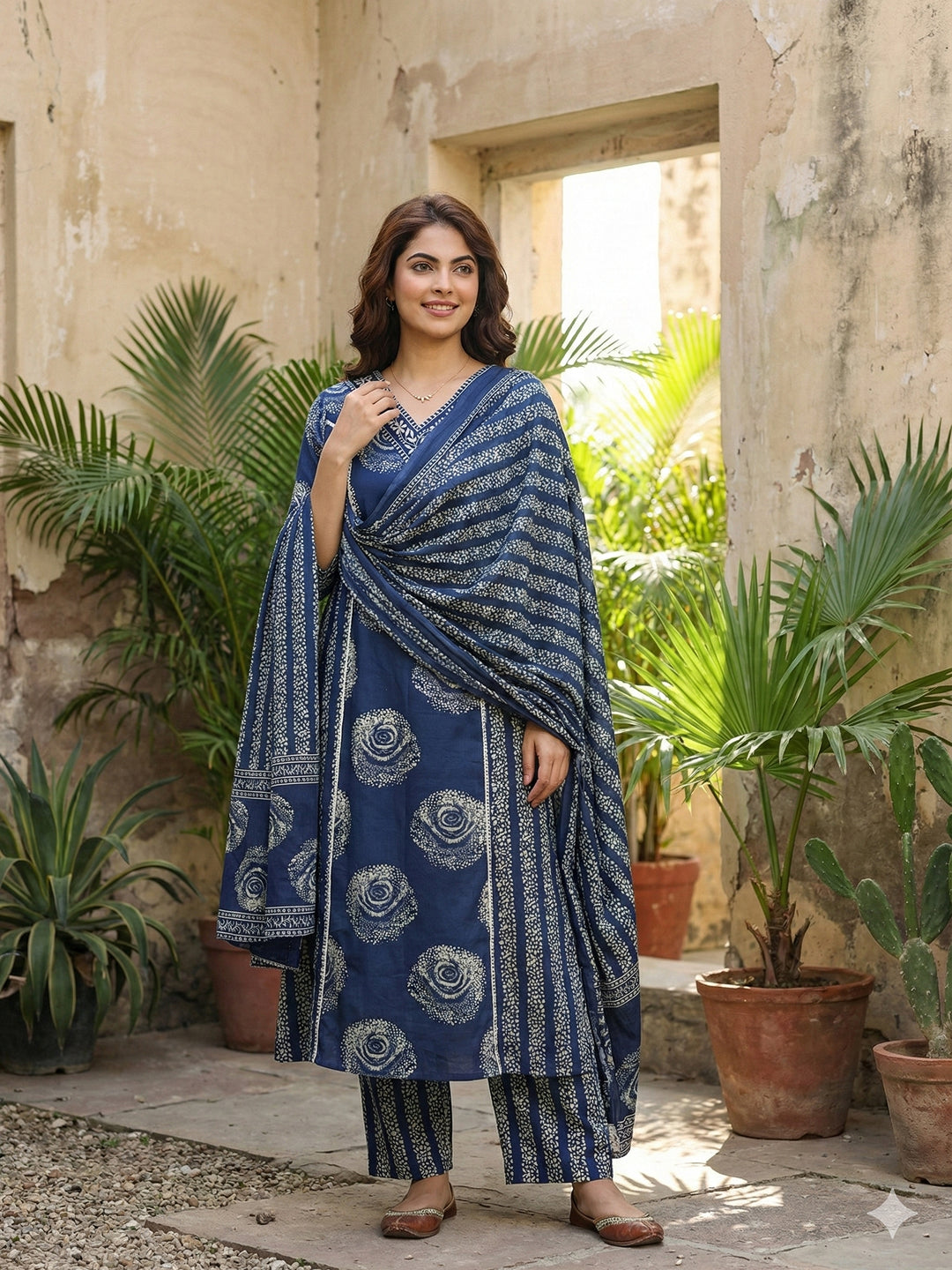 Jaitpuriya Blue Pure Cotton A-line PRIENCESS cUT Kurta Set