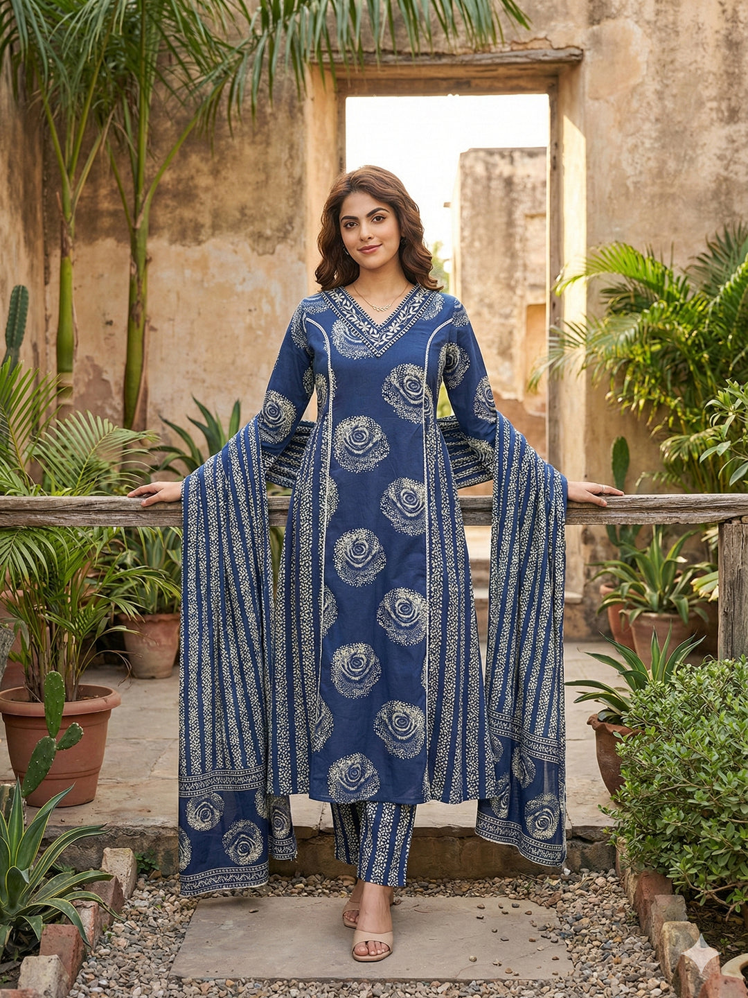 Jaitpuriya Blue Pure Cotton A-line PRIENCESS cUT Kurta Set