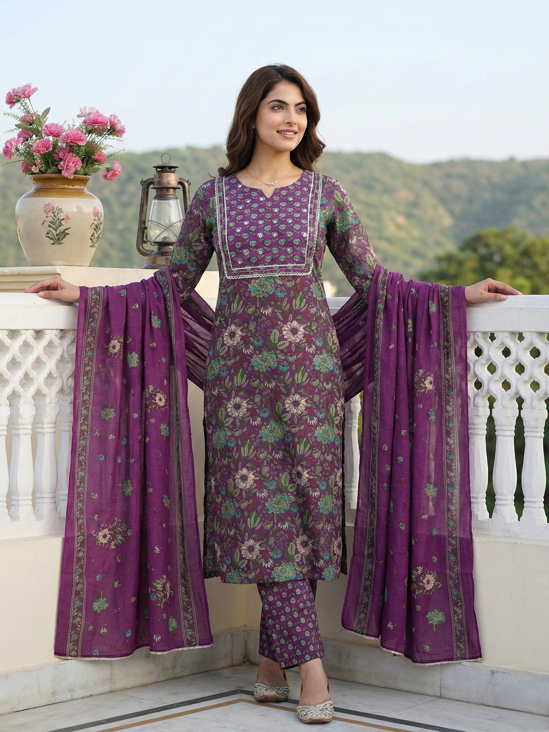Jaitpuriya Purple And Green Pure Cotton Straight Regular Kurta Set