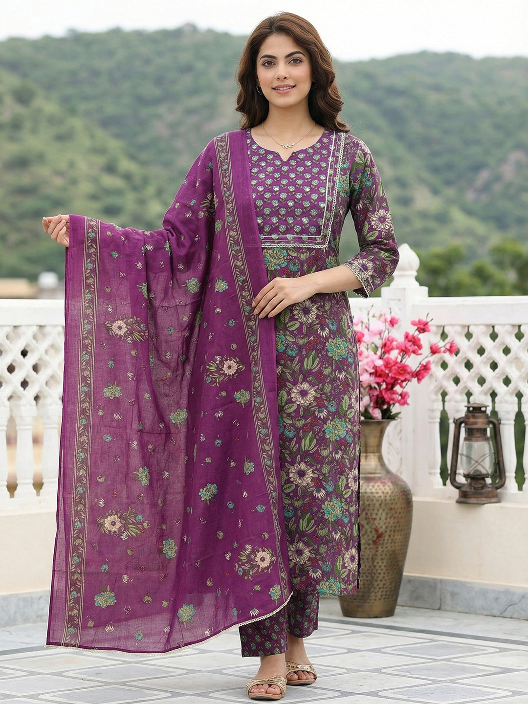 Jaitpuriya Purple And Green Pure Cotton Straight Regular Kurta Set