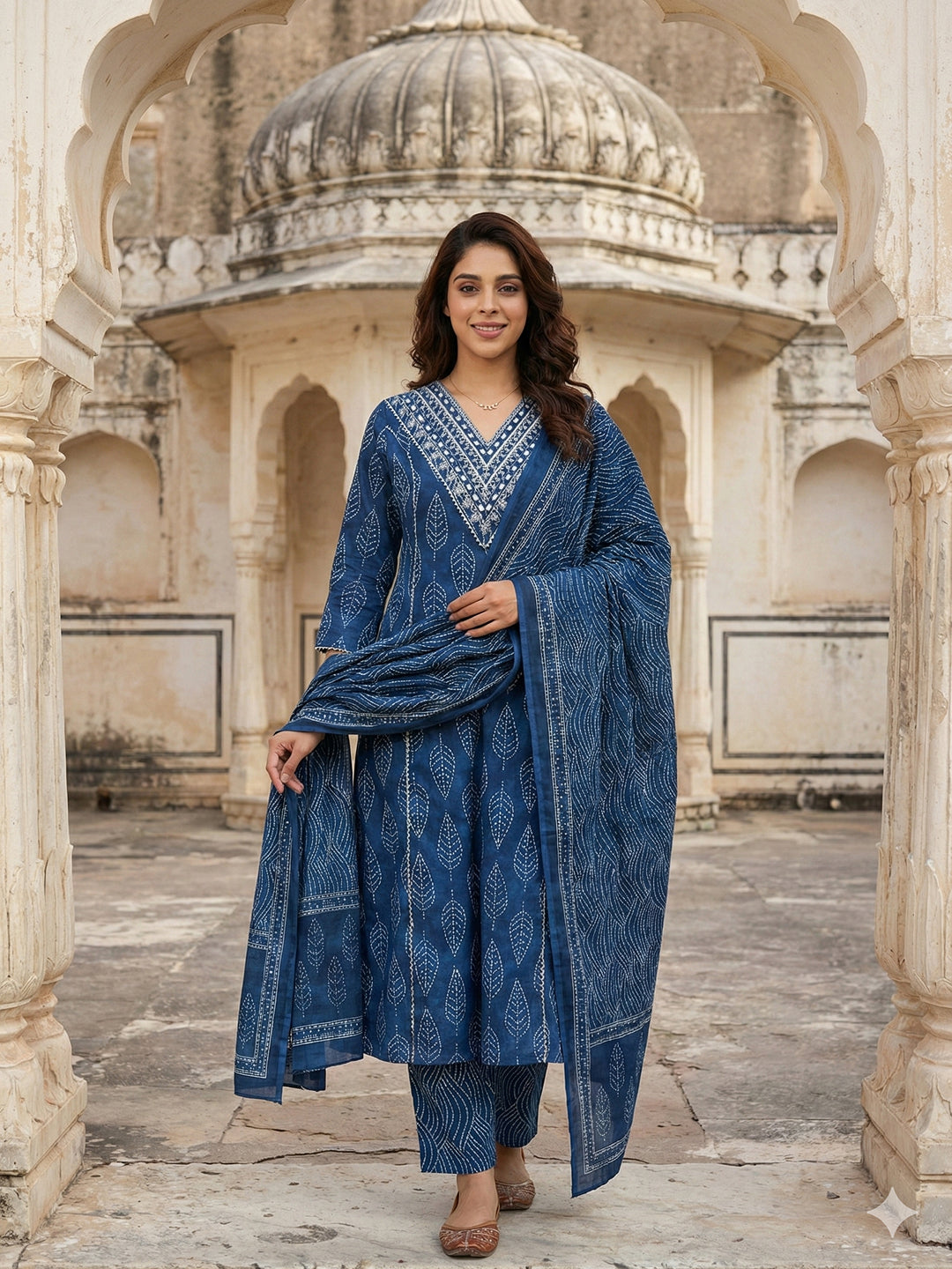 Jaitpuriya Blue Pure Cotton A-line Regular Kurta Set