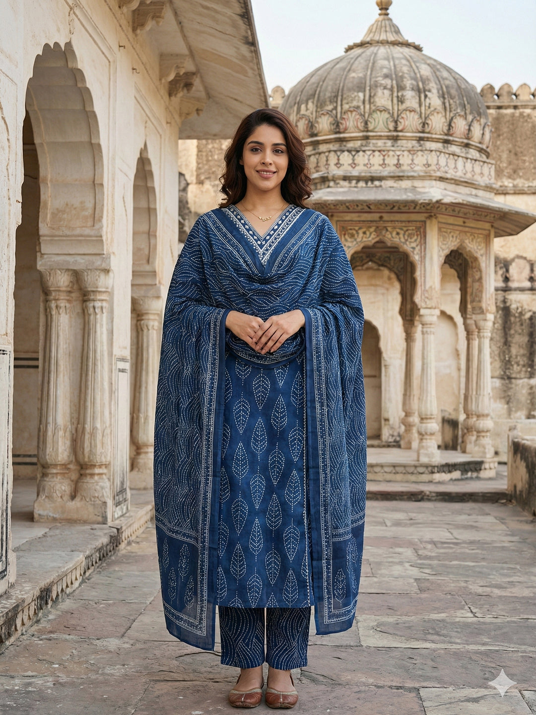 Jaitpuriya Blue Pure Cotton A-line Regular Kurta Set