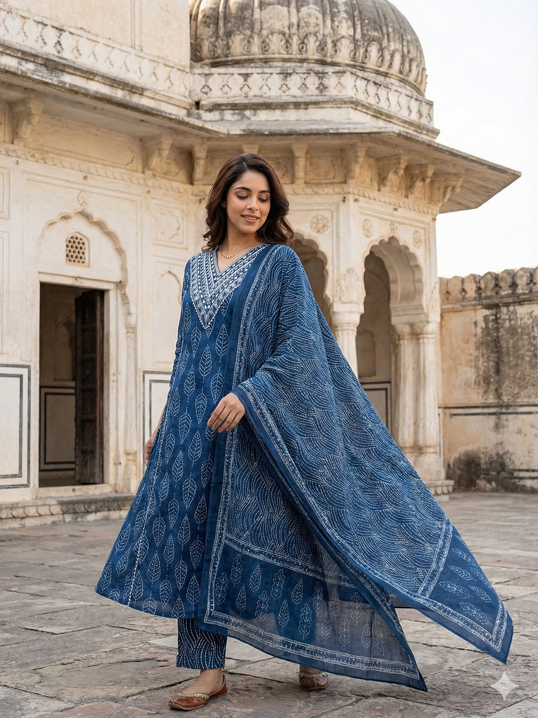 Jaitpuriya Blue Pure Cotton A-line Regular Kurta Set