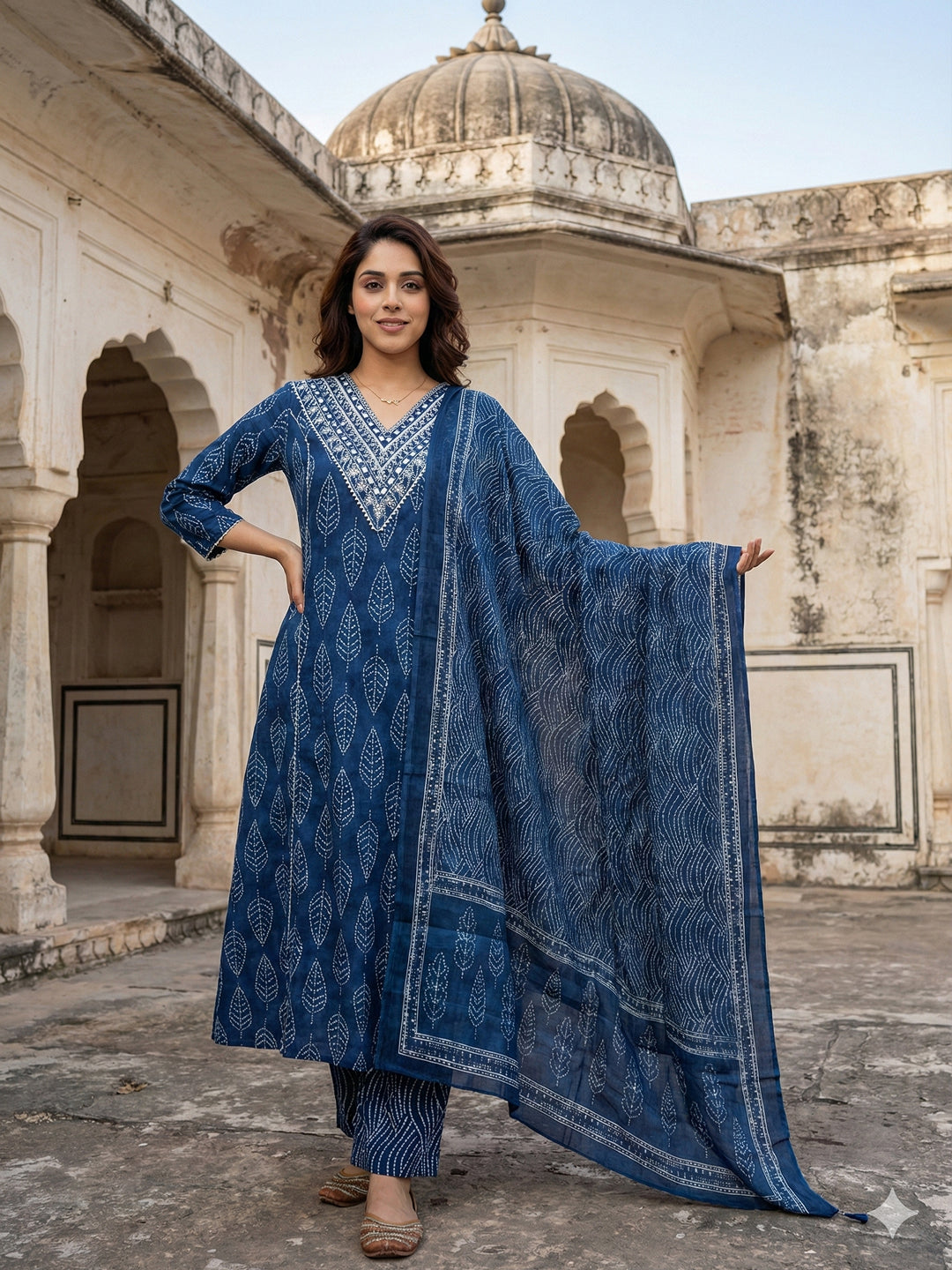Jaitpuriya Blue Pure Cotton A-line Regular Kurta Set
