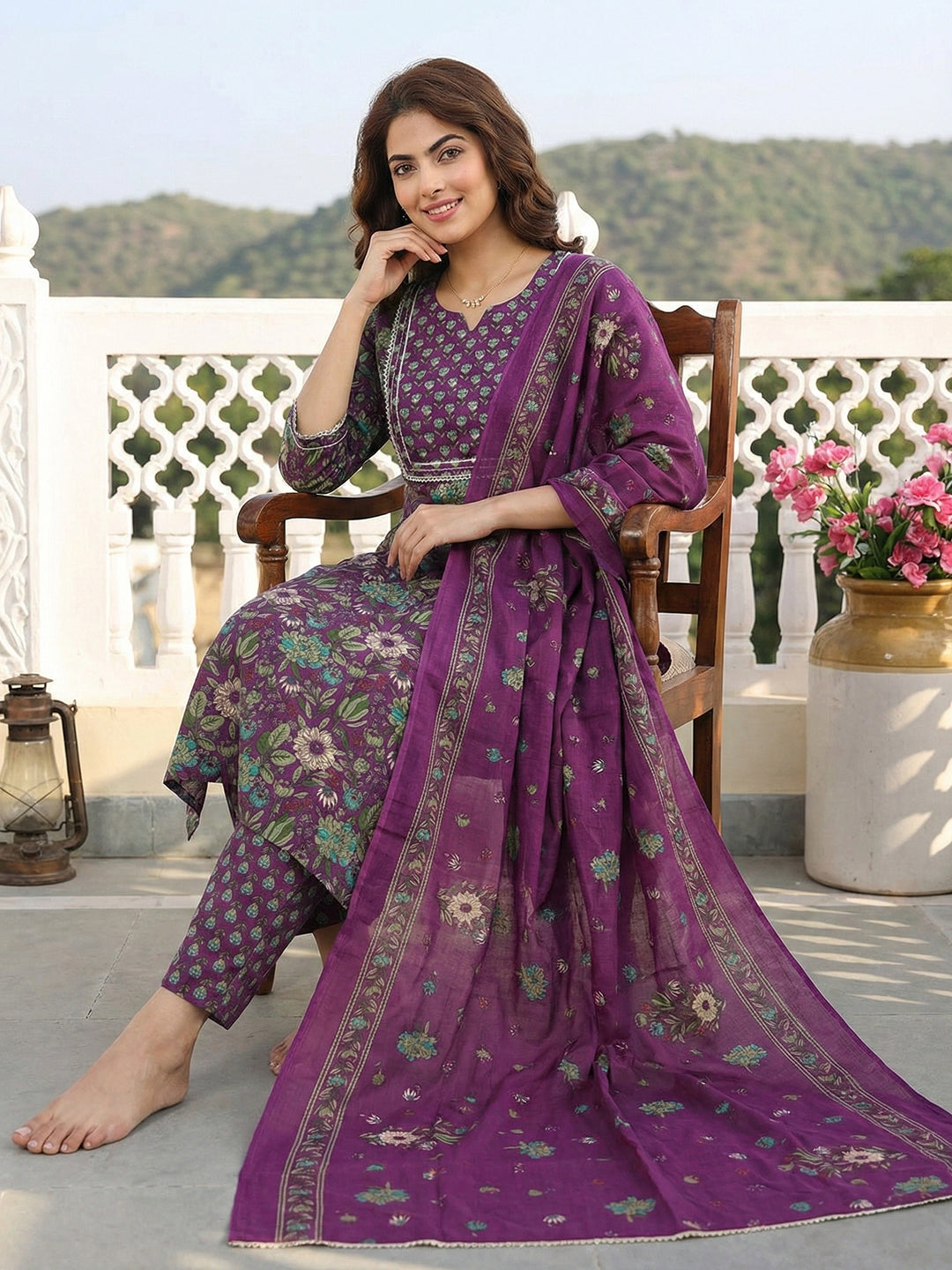 Jaitpuriya Purple And Green Pure Cotton Straight Regular Kurta Set