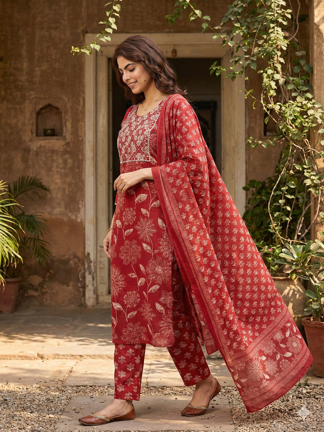 Jaitpuriya Red Pure Cotton Straight Regular Kurta Set