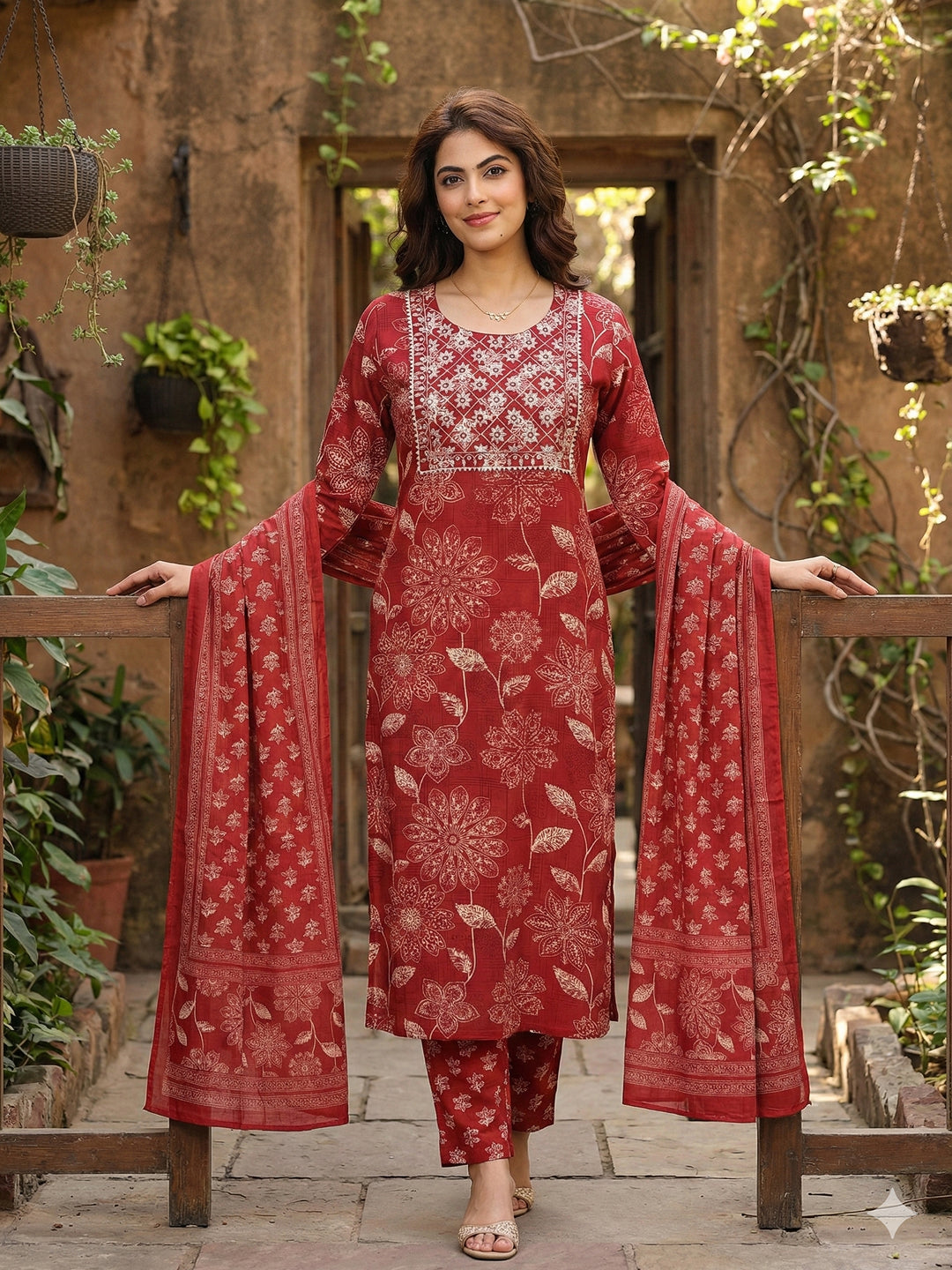 Jaitpuriya Red Pure Cotton Straight Regular Kurta Set