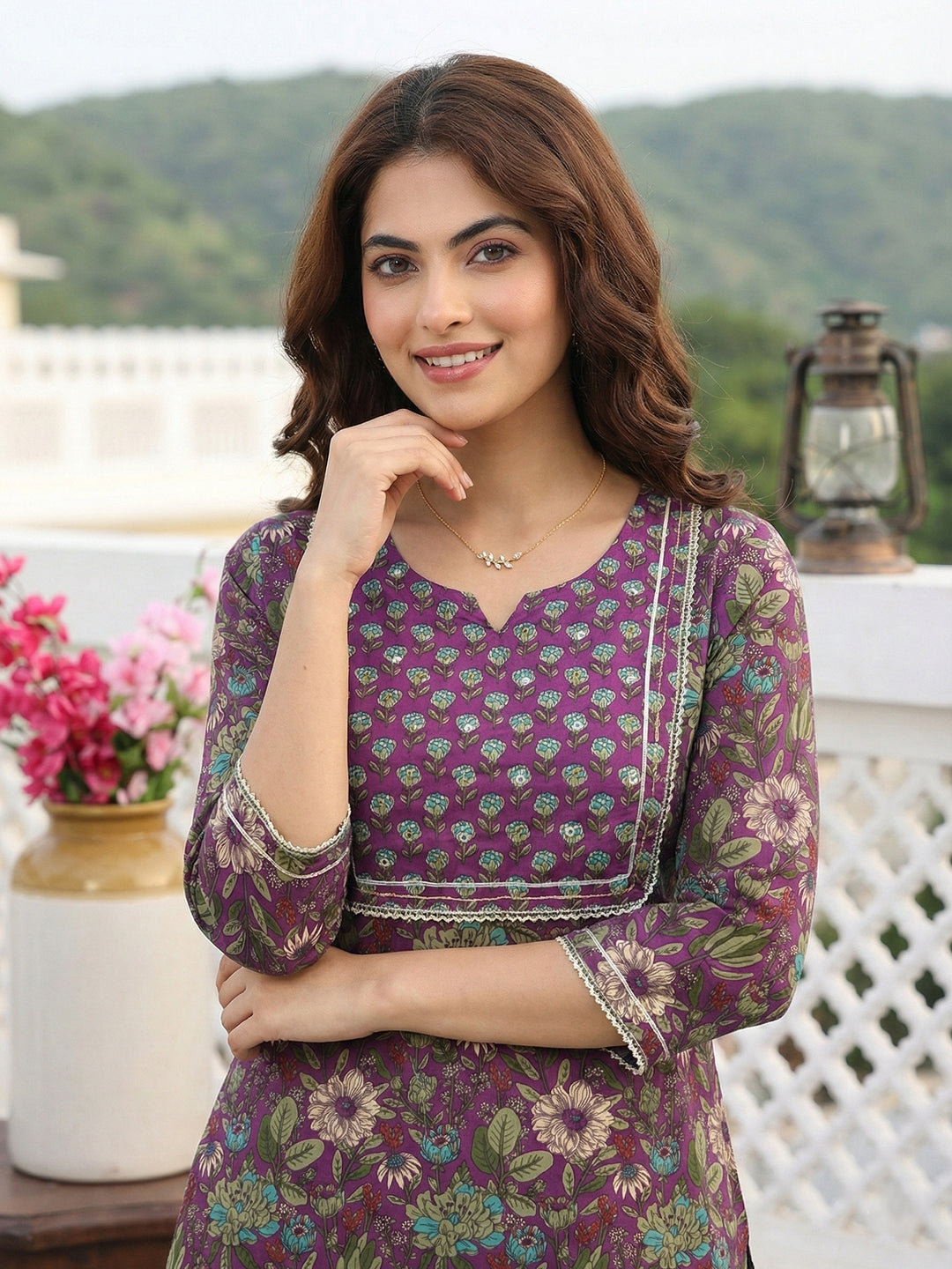 Jaitpuriya Purple And Green Pure Cotton Straight Regular Kurta Set
