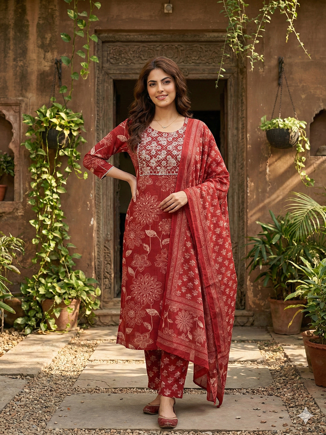 Jaitpuriya Red Pure Cotton Straight Regular Kurta Set
