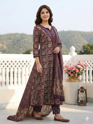 Jaitpuriya Purple And Brown Pure Cotton A-line Regular Kurta Set