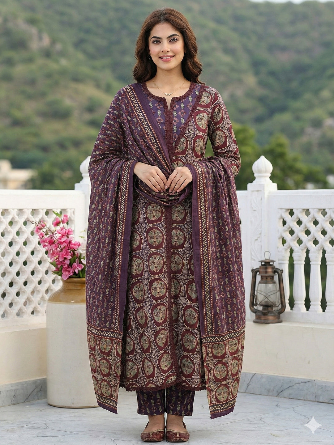 Jaitpuriya Purple And Brown Pure Cotton A-line Regular Kurta Set